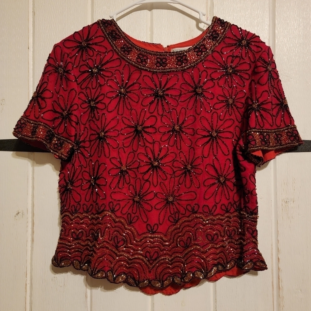 Adrianna Papell WomensBlouse Silk  Beaded Floral Short Sleeve Petite Size Medium
